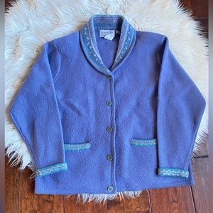 Jantzen 100% Wool Hand Embroidered Shawl Cardigan, Color Periwinkle, Size L